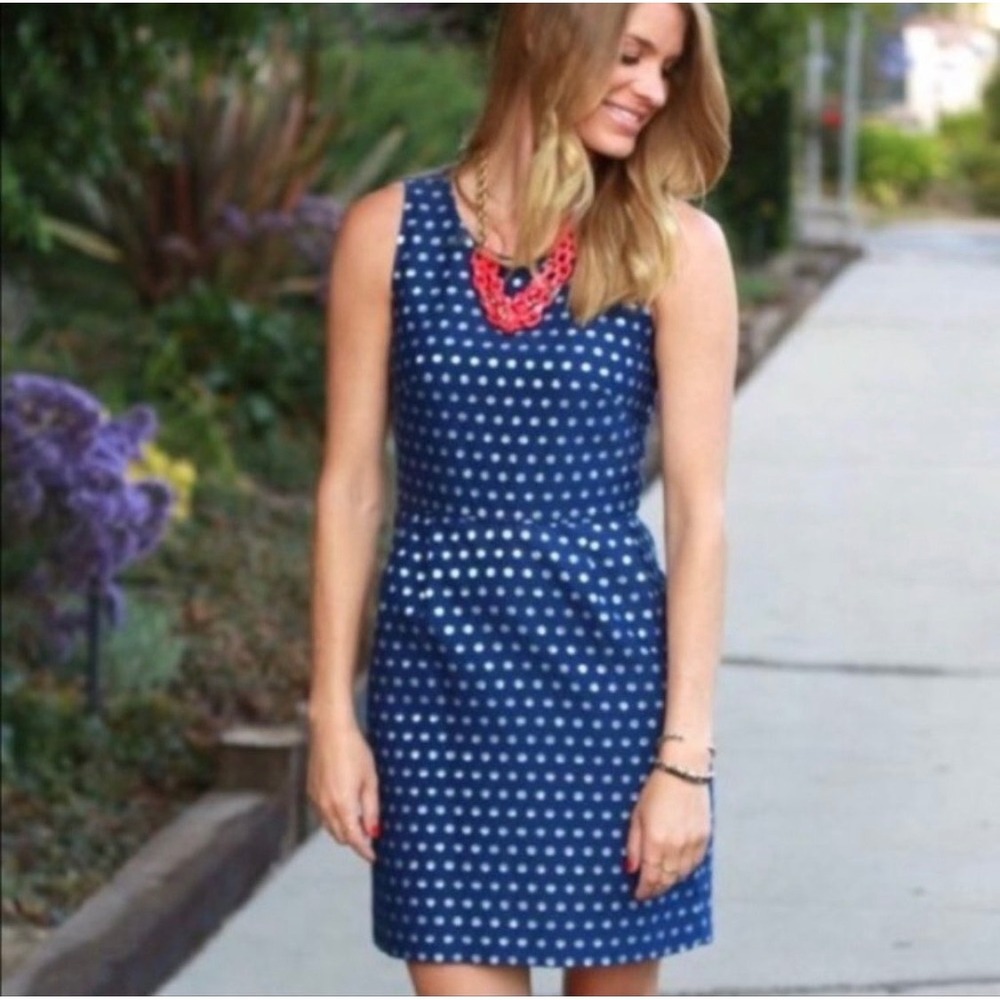 J.Crew Polka Dot Dress Womens 4 Navy Silver Metallic Silk Blend Party Pocket